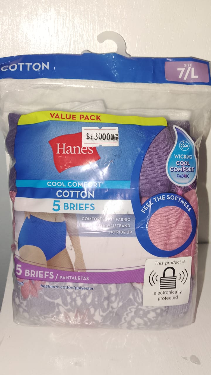Hanes briefs packaging with visible branding and product details on a white background