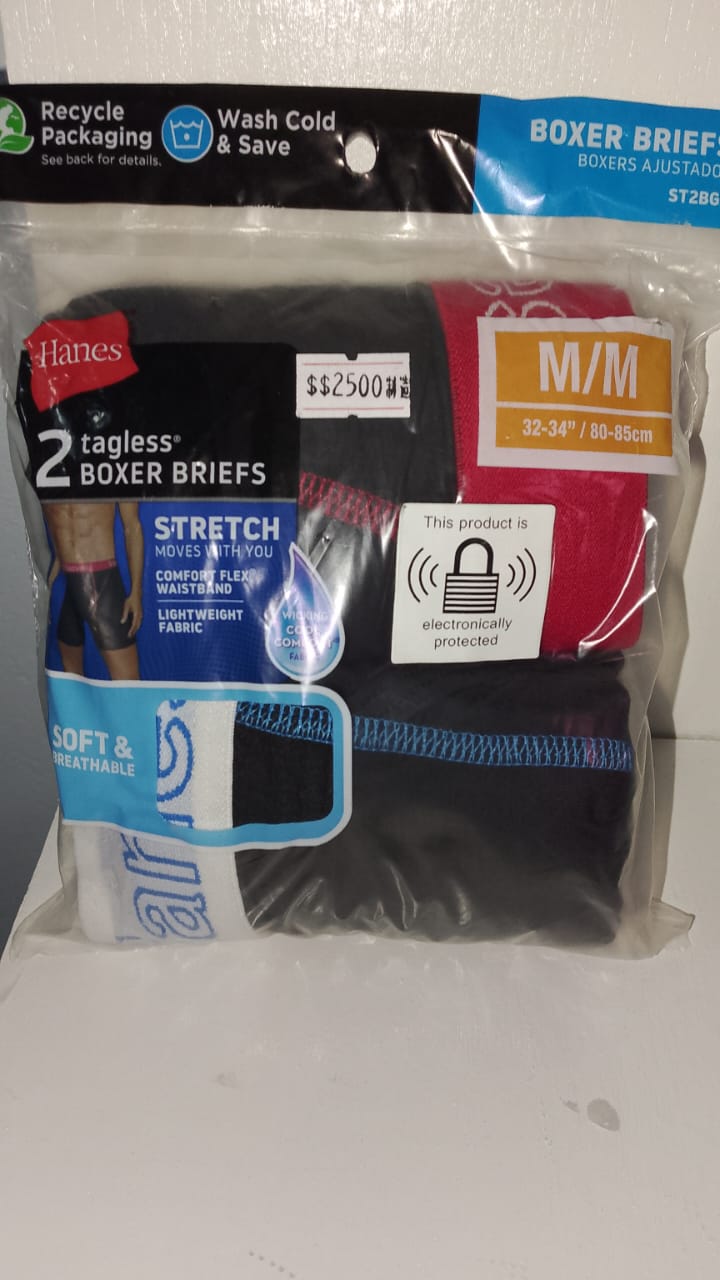 Hanes boxer briefs packaging with product details on a white background