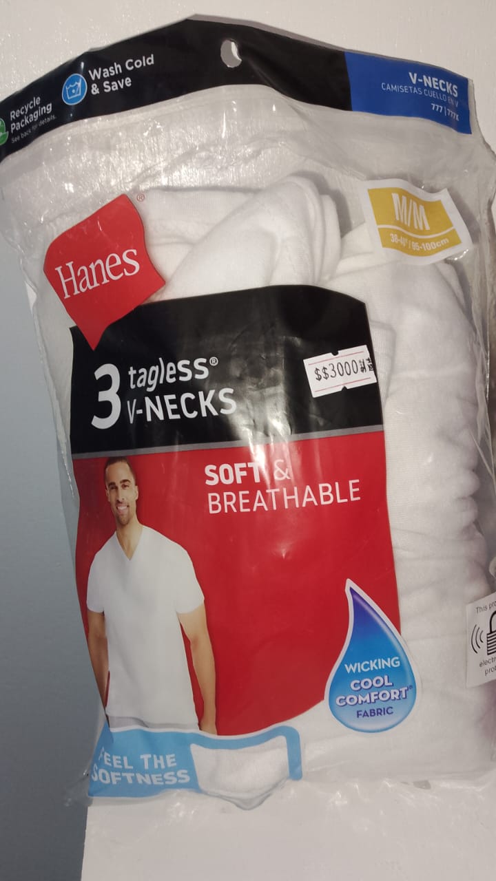 Hanes tagless V-neck t-shirts packaging with a man's face on the label.