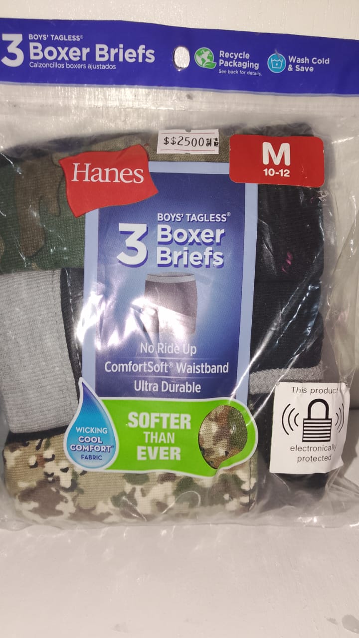 Hanes boys' boxer briefs packaging with product inside on a white background