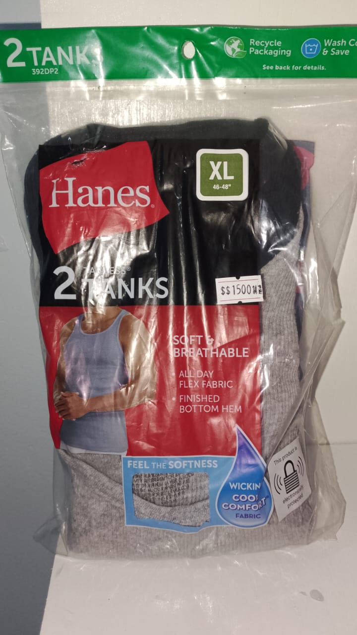 Hanes tank tops in packaging with visible branding and product details.